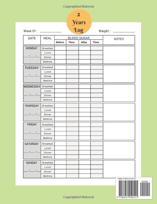 Blood Sugar Log Book: Diabetes Log Book to Record Daily Blood Sugar Before and After Breakfast, Lunch, Dinner, Bedtime for 2 Years (108 Wee