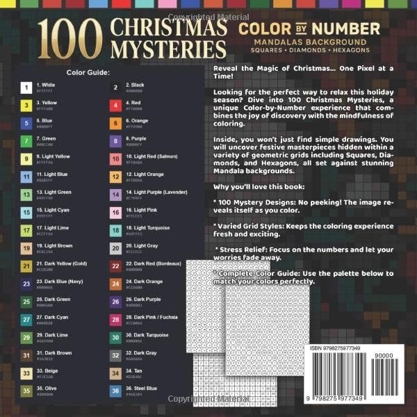 100 Christmas Mysteries Color by Number: Mandalas Background - Squares - Diamonds - Hexagons - Adult Coloring Book for Relaxation