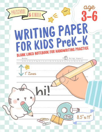 Writing Paper for Kids PREK–K – Blank Lined Notebook for Handwriting Practice: 1-Inch Primary Ruled Pages with Midline for Ages 3-6