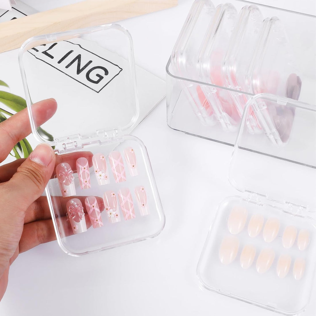 36Pcs Box Organizer Case, Press on Nails Clear Display Case With 3Pcs All-In-One Storage Box and 60pcs Double Sided Adhesive Display Tape