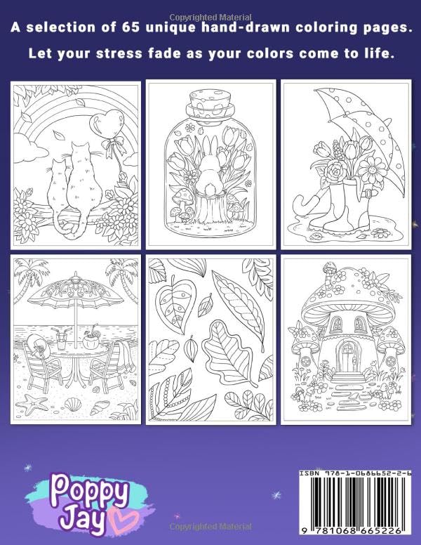 Stress Relief: Coloring Book for Adults, 65 Bold Illustrations, Featuring Nature, Landscapes, Animals, Flowers, Mushrooms, Cute Designs