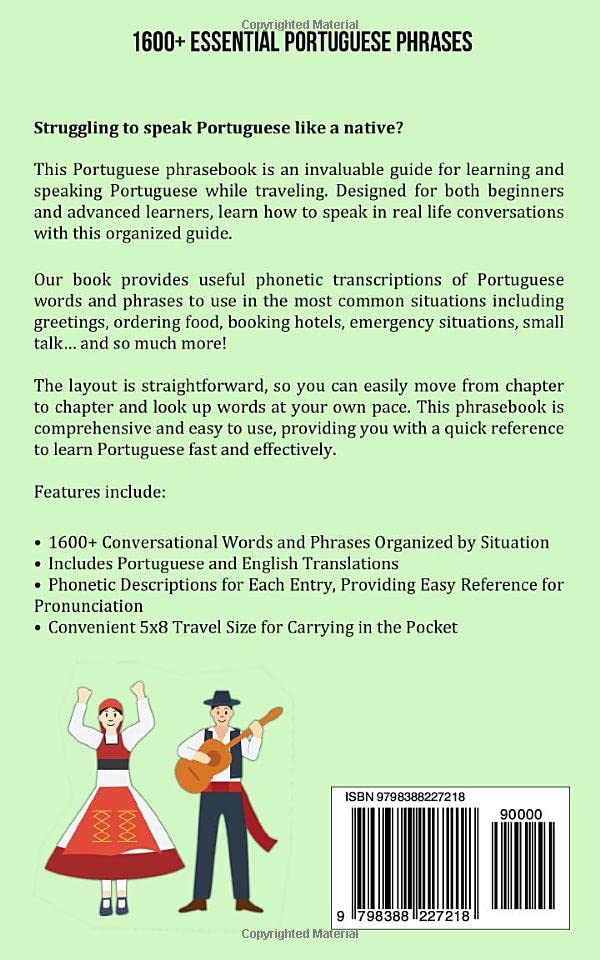 1600+ Essential Portuguese Phrases: Easy to Intermediate - Pocket Size Phrase Book for Travel