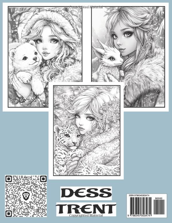 60 Grayscale Pretty Girls and Pets Portraits Fantasy Coloring Book: Anime Winter Tale illustrations for Adults and Teens
