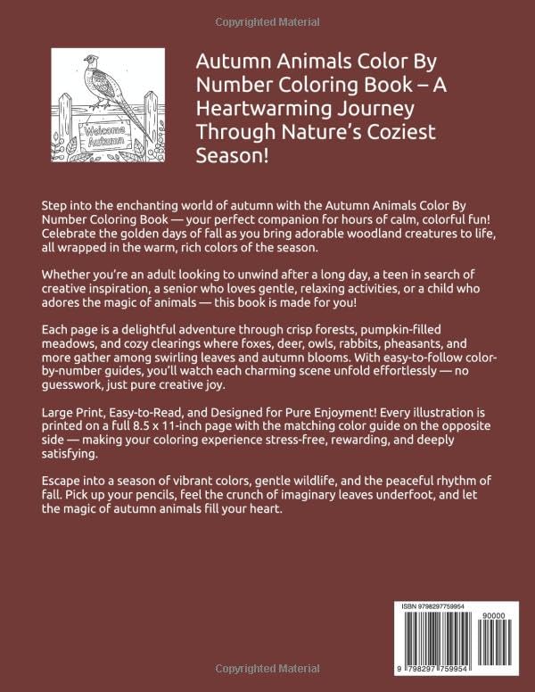 Autumn Animals Color By Number Coloring Book: Large Print Autumn Season Coloring Book For Adults, Seniors and Kids