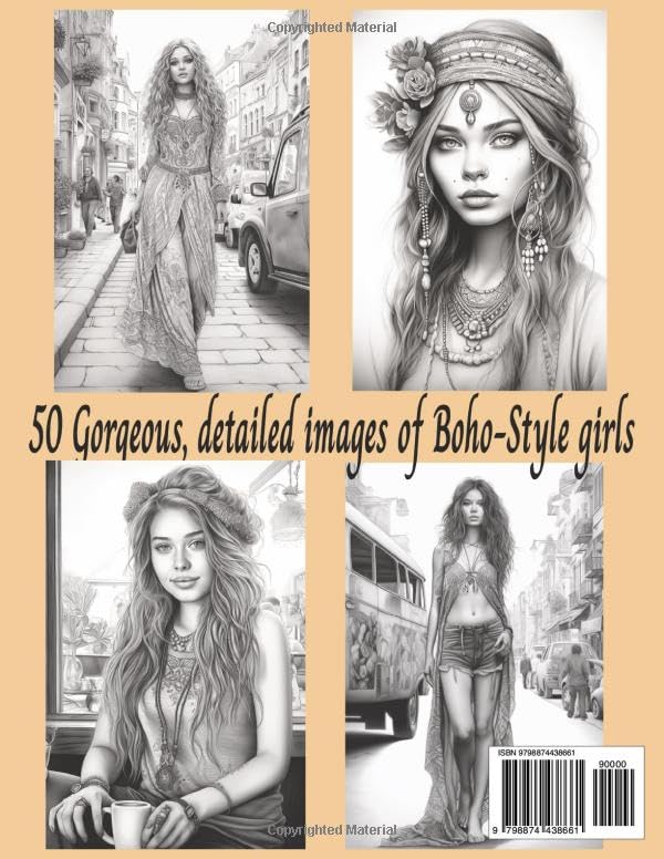 Boho Beautiful A grayscale Coloring Book for Adults: Boho Fashion, Hippy Style, Bohemian, Free Spirt Girls with flowers in their hair