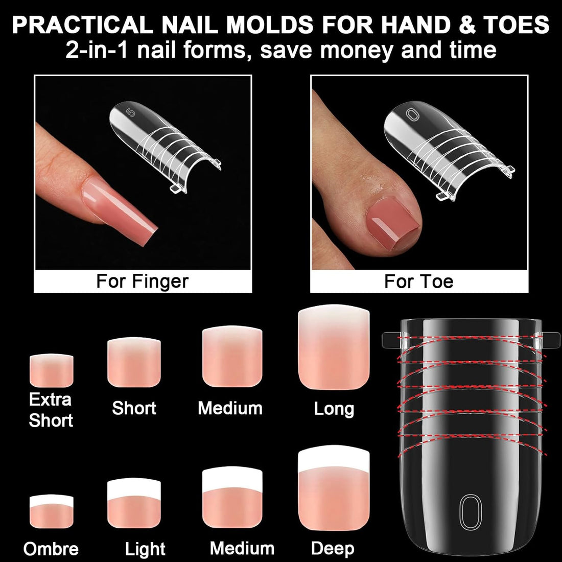 160 Pcs Toe Dual Nail Forms for Poly Gel & Builder Gel Toenail Extension - 16 Sizes Reusable Full Cover Square Toenails Molds