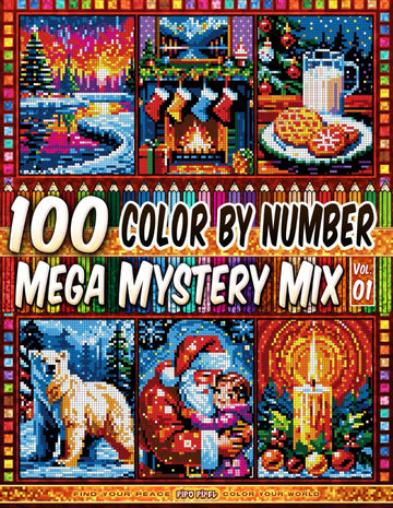 100 Color by Number - Mega Surprise Mix - Vol. 01: 100 Designs in Pixel Art - Holiday Spirit Shining In Every Little Pixel